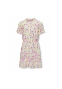 Gul klänning med rosa blommönster, korta puffärmar, volangkant och elastisk midja. Tillverkad av lättviktsmaterial med en mjuk textur.