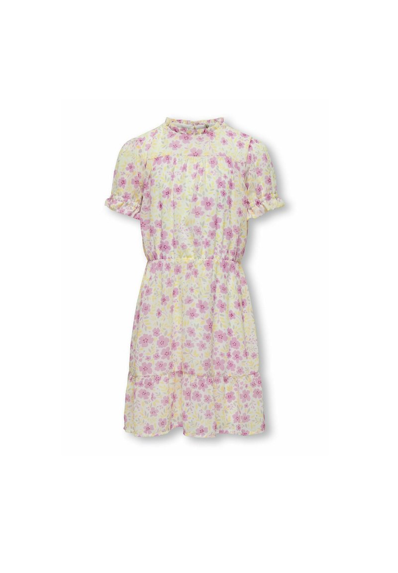 Gul klänning med rosa blommönster, korta puffärmar, volangkant och elastisk midja. Tillverkad av lättviktsmaterial med en mjuk textur.