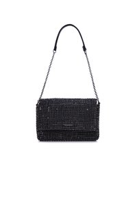 Černá kabelka na clutch pokrytá malými, lesklými krystaly. Obsahuje řetízkový popruh a texturovaný povrch s designem skládací klapky.