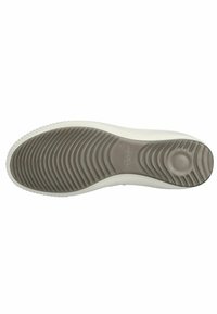 Suela de zapato en blanco y marrón claro, con un patrón texturizado en forma de ondas para agarre, punta curva y talón redondeado con un borde liso.