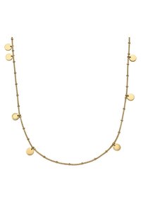 Gouden ketting met kleine ronde schijfjes en een kralenkettingontwerp, met afwisselende patronen en een soepele textuur langs de lengte.