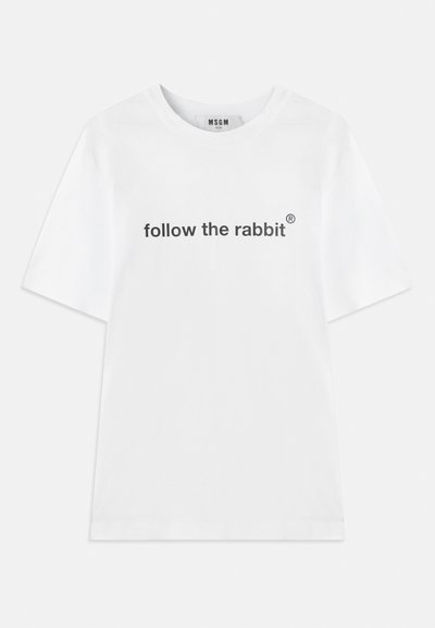 White short-sleeve t-shirt with "follow the rabbit®" text in black centered on the front and a round neckline.