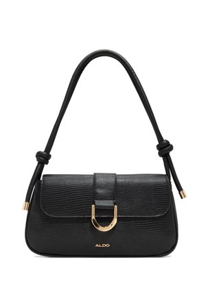 Sac d'épaule en cuir noir texturé avec fermoir doré en forme de U et extrémités de sangle nouées, petit logo ALDO sur le devant.