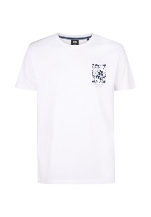 T-shirt en coton blanc à manches courtes, avec un motif bleu marine sur la zone de la poche gauche, comprenant des motifs floraux et du texte.