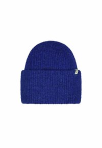 Blue knitted beanie with a ribbed texture, featuring a folded cuff and a small tag on the side. Made from a soft, warm material.