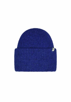Blue knitted beanie with a ribbed texture, featuring a folded cuff and a small tag on the side. Made from a soft, warm material.