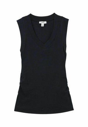 Čierny bezrukávový vrchný diel so špicatým výstrihom, vyrobený z rebrovanej tkaniny. Má bočné nariasenie a priliehavý strih. Hladká textúra, klasický dizajn.