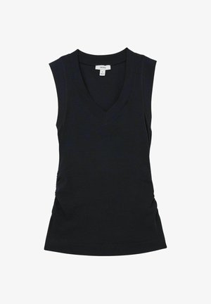 Čierny bezrukávový vrchný diel so špicatým výstrihom, vyrobený z rebrovanej tkaniny. Má bočné nariasenie a priliehavý strih. Hladká textúra, klasický dizajn.