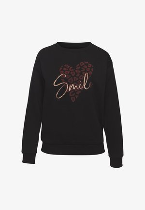 Zwarte sweatshirt met een hartontwerp in luipaardprint. Bevat een metallic gouden tekst "Smile", een ronde halslijn en mouwboorden.