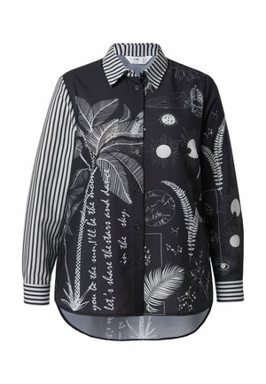 Czarna koszula na guziki z białym nadrukiem palm, słońca i oka. Posiada rękawy w paski oraz zaokrąglony dół koszuli. Wykonana z gładkiej tkaniny.