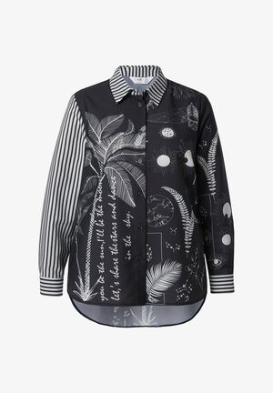 Zwart overhemd met opdruk van witte palmen, zon en oog. Voorzien van gestreepte mouwen en een zoom zoals bij een overhemd. Gemaakt van gladde stof.