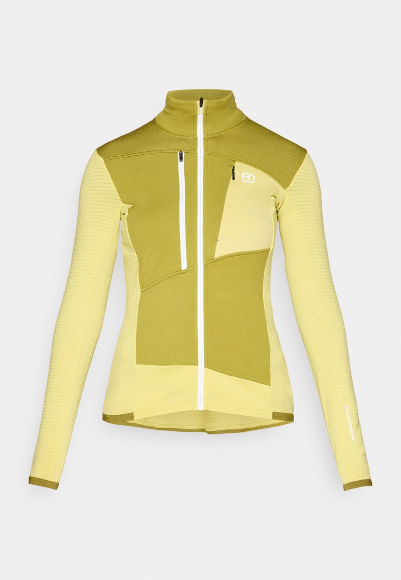 Langarmjacke in Gelb und Olivgrün, mit hochgeschlossenem Kragen, Reißverschluss vorne und strukturiertem Stoff mit einer kontrastierenden Paspeltasche.