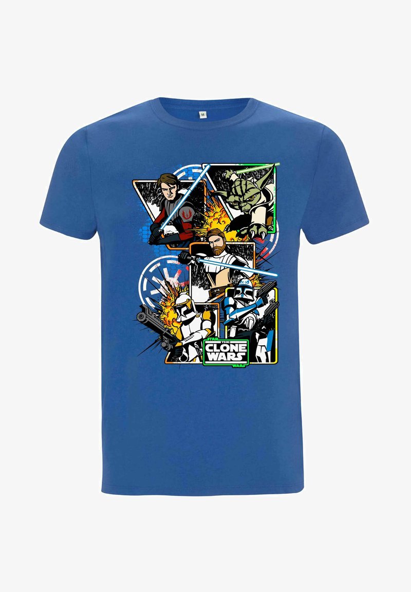 Niebieska bawełniana koszulka z graficznym nadrukiem przedstawiającym postacie z Gwiezdnych Wojen, miecze świetlne oraz logo "Wojny Klonów".