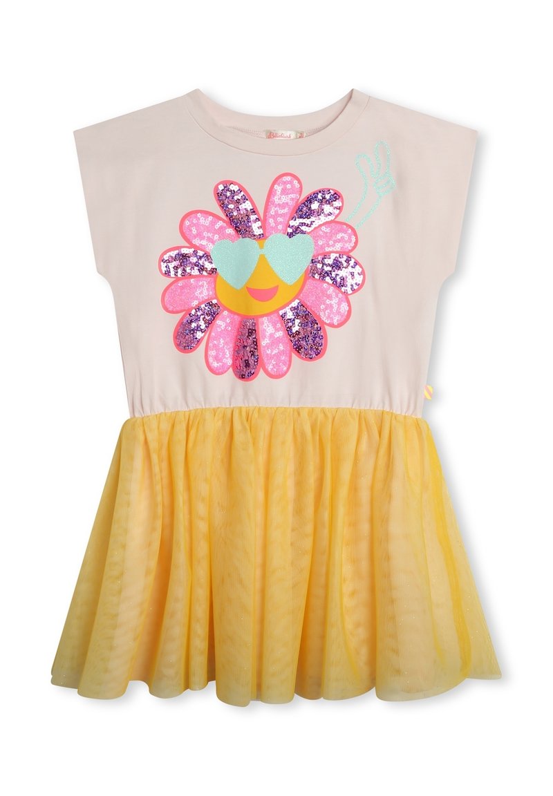 Vestido de manga corta con parte superior rosa claro que presenta un gráfico de flor de lentejuelas y una falda de tul amarilla con un diseño fruncido.