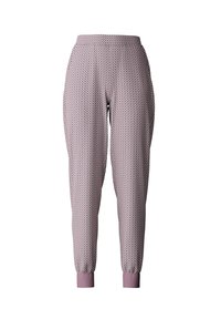 Licht mauve joggers met een geometrisch patroon, elastische tailleband en ribgebreide boorden. Gemaakt van een zachte, rekbare stof.