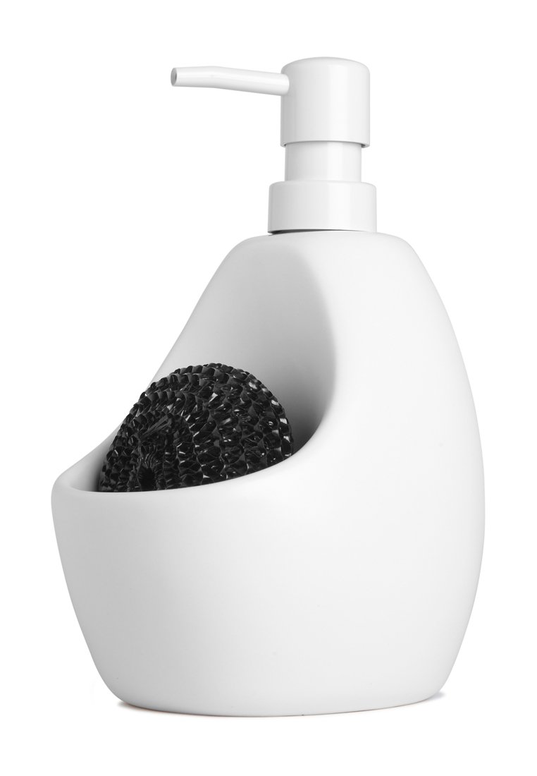 Distributore a pompa bianco con forma arrotondata, dotato di uno scovolino nero inserito in un'incisione; texture matte liscia e design minimalista.