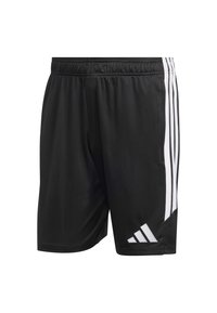 Μαύρες αθλητικές σορτς με άσπρες τριπλές ρίγες στα πλάγια και άσπρο τριγωνικό λογότυπο κοντά στο τελείωμα σε λευκό φόντο.