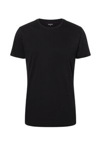 Black cotton t-shirt with a round neckline and short sleeves. Smooth texture, simple design, and no visible patterns or embellishments.