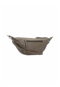 Borsa in pelle taupe a vita con tracolla regolabile, tasca anteriore con zip e chiusura principale con zip.