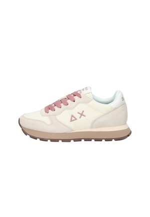 Lässiger Sneaker in Creme mit pinken Schnürsenkeln und Logo, beiger Sohle und weißem gepolstertem Kragen.