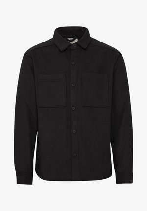 Sort, skjortebluse med knapper lavet af tekstureret stof. Har en spidse krave, to brystlommer og lange ærmer med knapmanchetter.