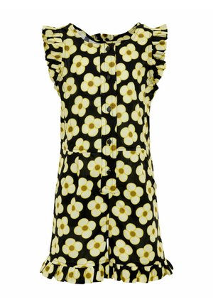 Schwarzer Jumpsuit mit großen weißen und gelben Blumenmustern, Rüschenärmeln, Knopfleiste vorne und Rüschen-Saum.