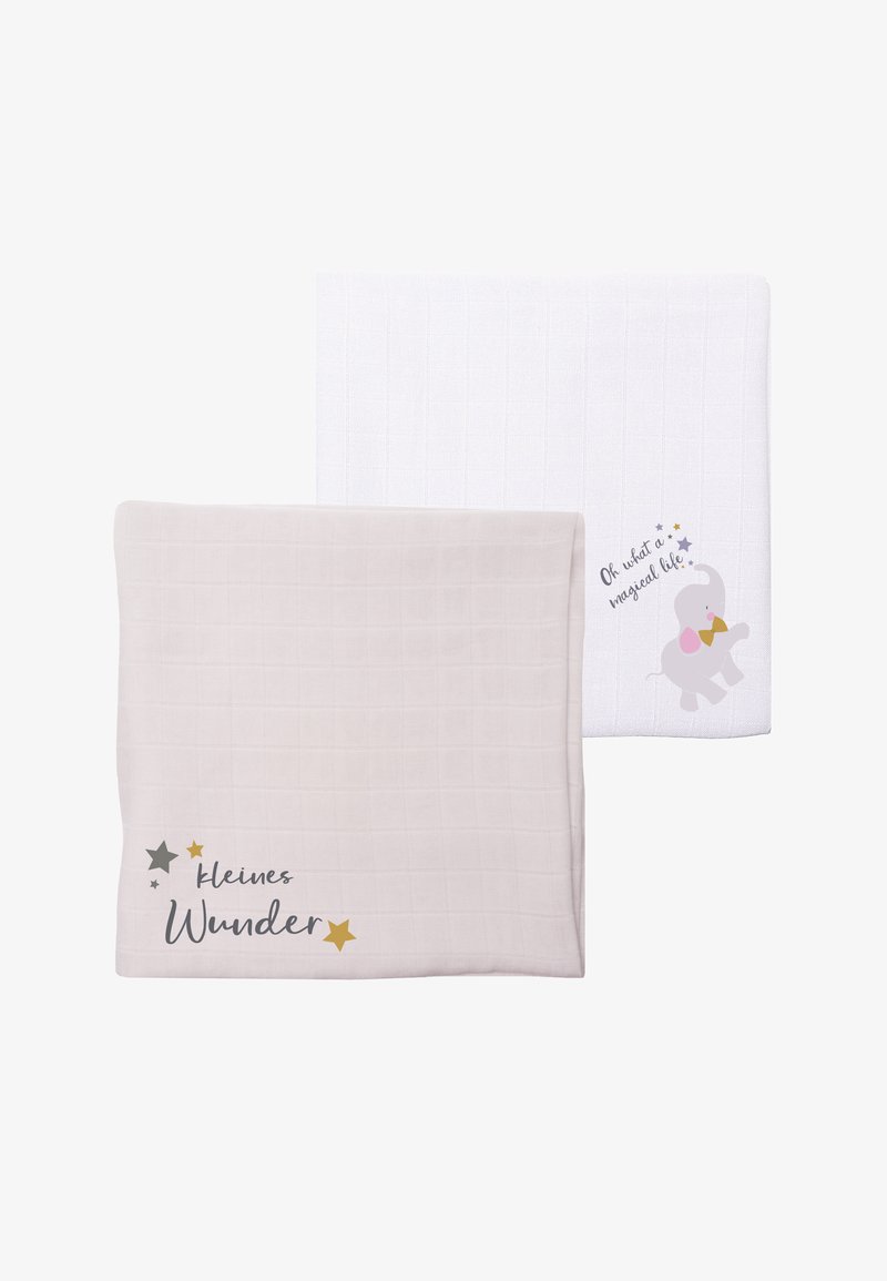 Two baby blankets: one soft beige with a quilted texture and the phrase "kleines Wunder"; one white with a subtle pattern and an elephant graphic.