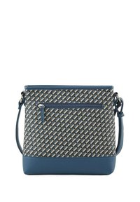 Borsa a tracolla con motivo intrecciato in blu e beige, caratterizzata da una parte inferiore testurizzata e una tasca frontale con zip. Inclusa tracolla regolabile.