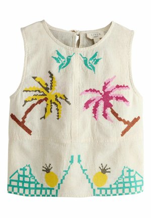 Bezruký béžový ľanový top s pestrofarebnou vyšívanou potlačou paliem, ananásov a dvoch zelených kolibríkov na prednej strane.
