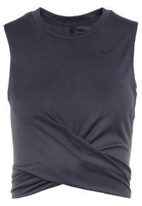 Ciemnoszary sportowy top bez rękawów z prążkowaną fakturą, z wiązaniem w talii i małym czarnym logo na piersi.