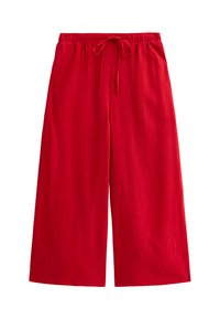 Pantalones rojos de pierna ancha con cintura ajustable. Fabricados con tejido ligero, cuentan con una textura suave y sin patrones visibles.