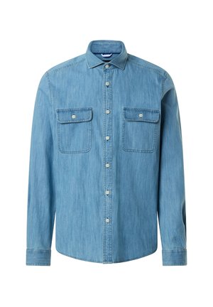 Hellblaues Denimhemd mit langen Ärmeln, Knopfverschluss vorne und zwei Brusttaschen. Verfügt über einen klassischen Kragen und eine subtile Struktur.