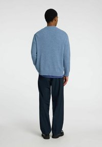 Hellblauer Strickpullover mit rundem Ausschnitt, gerippten Bündchen und Saum, kombiniert mit dunklen Hosen und schwarzen Schuhen. Die Rückansicht zeigt minimale Designdetails.