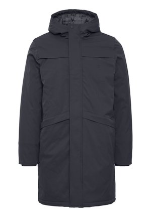 Manteau parka à capuche gris foncé avec une fermeture éclair à l'avant et un système de pression. Il possède deux poches avant et une texture simple et lisse.