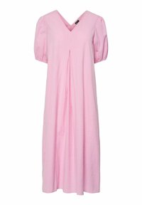 Ružičasta gingham haljina s kratkim napuhanim rukavima, V-izrezom i naborima. Napravljena od lagane tkanine, dolazi do dužine sredine lista.