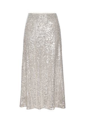 Silver sequin midi skirt with an elastic waistband and a straight, slightly flared cut on a white background.