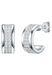 Pendientes de aro de plata con un diseño texturizado que presenta dos filas de pequeñas piedras transparentes. Acabado suave con cierre de clavo.
