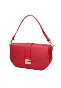 Sac à main en cuir rouge avec une poignée supérieure, une fermeture à fermoir doré et une forme rectangulaire structurée aux bords arrondis.