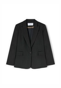 Zwarte, op maat gemaakte blazer met een gestanste reverskraag, enkele knoopsluiting en twee voorzakken. Heeft een gladde textuur en een gedeeltelijk gevoerde binnenkant.