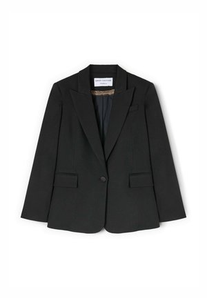 Schwarzer, maßgeschneiderter Blazer mit Reverskragen, einreihiger Knopfleiste und zwei Fronttaschen. Verfügt über eine glatte Textur und ein teilweise gefüttertes Innenfutter.