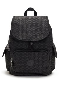 Black fabric backpack with a geometric pattern, a flap cover, front zipper pocket, side pockets, and a circular logo accent.