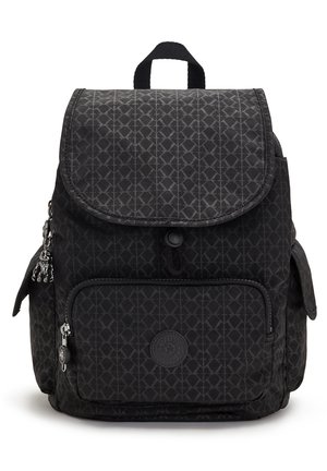 Black fabric backpack with a geometric pattern, a flap cover, front zipper pocket, side pockets, and a circular logo accent.