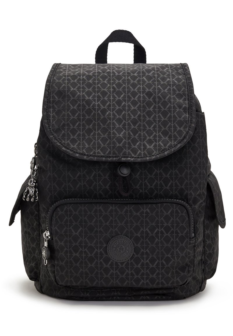 Black fabric backpack with a geometric pattern, a flap cover, front zipper pocket, side pockets, and a circular logo accent.
