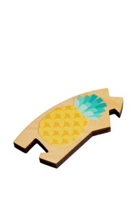 Wooden pineapple-shaped piece featuring a yellow and turquoise design. Smooth finish with cut-out accents, showcasing vibrant colors and patterns.