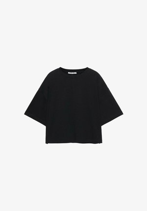 Czarny top z krótkim rękawem wykonany z bawełnianej mieszanki. Luźny krój, szerokie rękawy i okrągły dekolt. Gładki kolor, bez widocznych wzorów czy ozdób.