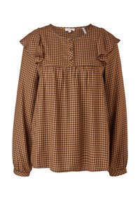 Camicia a quadri marrone e beige con maniche lunghe, dettagli a volant sulle spalle e quartetto di bottoni nel décolleté. Texture del tessuto morbida.
