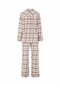Geruite pyjama-set in roomwit en bordeaux, bestaande uit een knoopshirt met een kraag en bijpassende wijde broek. Zachte stoftextuur.