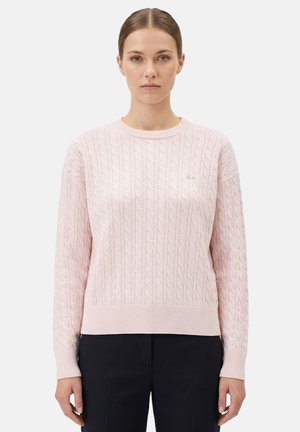 Donna che indossa un maglione rosa chiaro a trecce e pantaloni neri, in piedi dritta con le braccia lungo i fianchi su uno sfondo semplice.