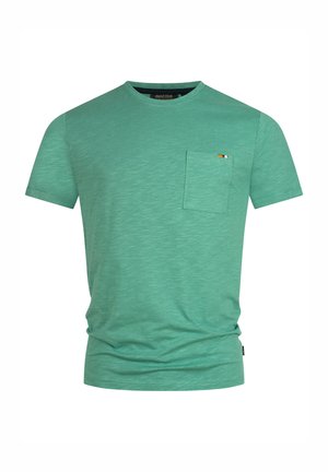 Tricou verde cu mânecă scurtă, realizat dintr-un material texturat, având un buzunar pe piept cu un mic detaliu logo, guler rotund și o croială normală.