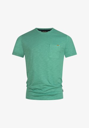 Tricou verde cu mânecă scurtă, realizat dintr-un material texturat, având un buzunar pe piept cu un mic detaliu logo, guler rotund și o croială normală.